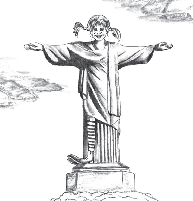 Eine weibliche Person, die an Pippi Langstrumpf erinnert, in der Pose des Jesus von Rio de Janeiro mit ausgebreiteten Armen