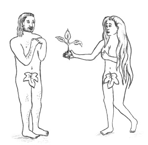 Eva überreicht Adam (beide am Feigenblatt erkennbar) einen Apfelbaumsetzling